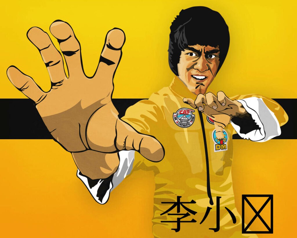 Bruce Lee cartoon wallpaper yellow jumpsuit vibrant background martial arts action pose