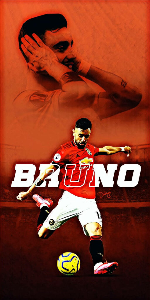 Bruno Fernandes Manchester United wallpaper showing dynamic action with red tones and stadium backdrop