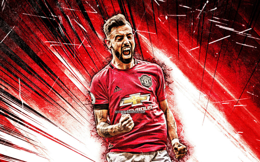 Bruno Fernandes Manchester United celebrating in red jersey with dynamic red white burst background Wallpaper