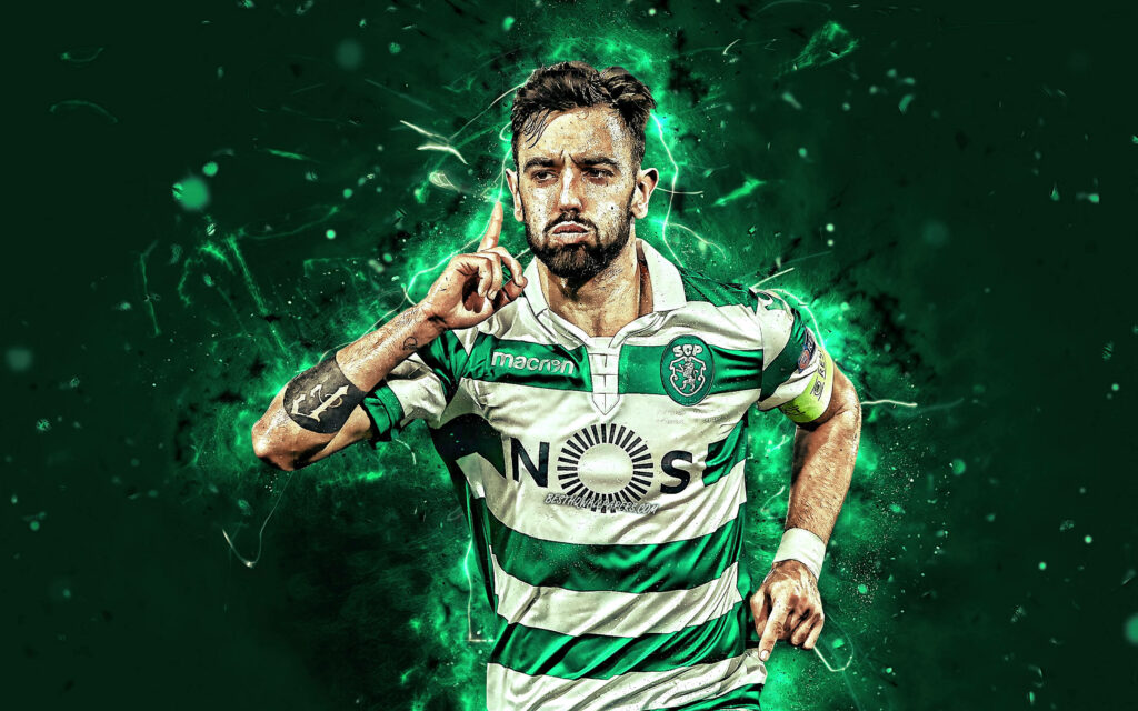 Dynamic Bruno Fernandes Sporting CP wallpaper vibrant green white colors energetic football pose