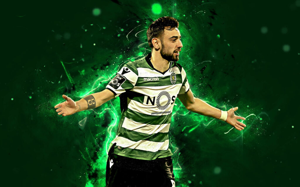 Bruno Fernandes Sporting CP wallpaper vibrant green background celebrating dynamic football pose