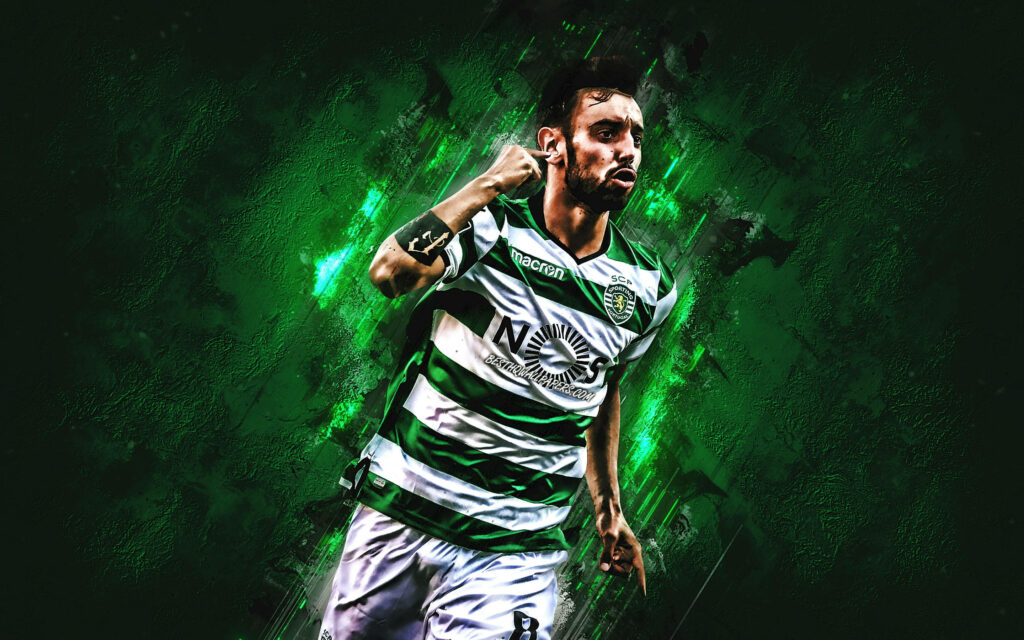 Dynamic Bruno Fernandes in Sporting CP jersey with vibrant green black abstract background and glowing lights Wallpaper