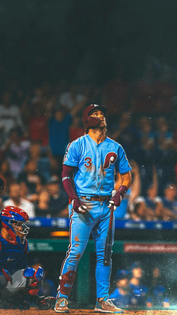 Bryce Harper Philadelphia Phillies powder blue uniform at bat intense MLB stadium action wallpaper