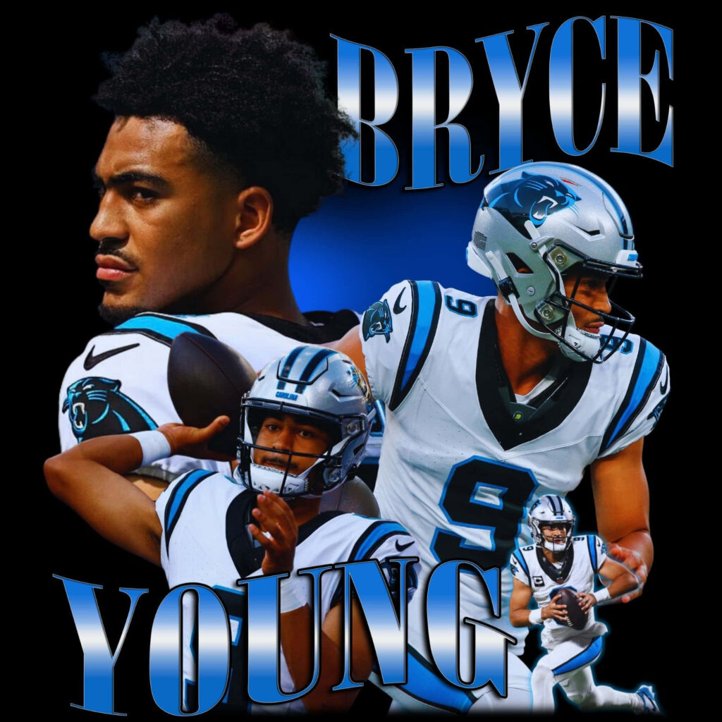 Bryce Young Panthers wallpaper showing star quarterback in action poses with black blue background