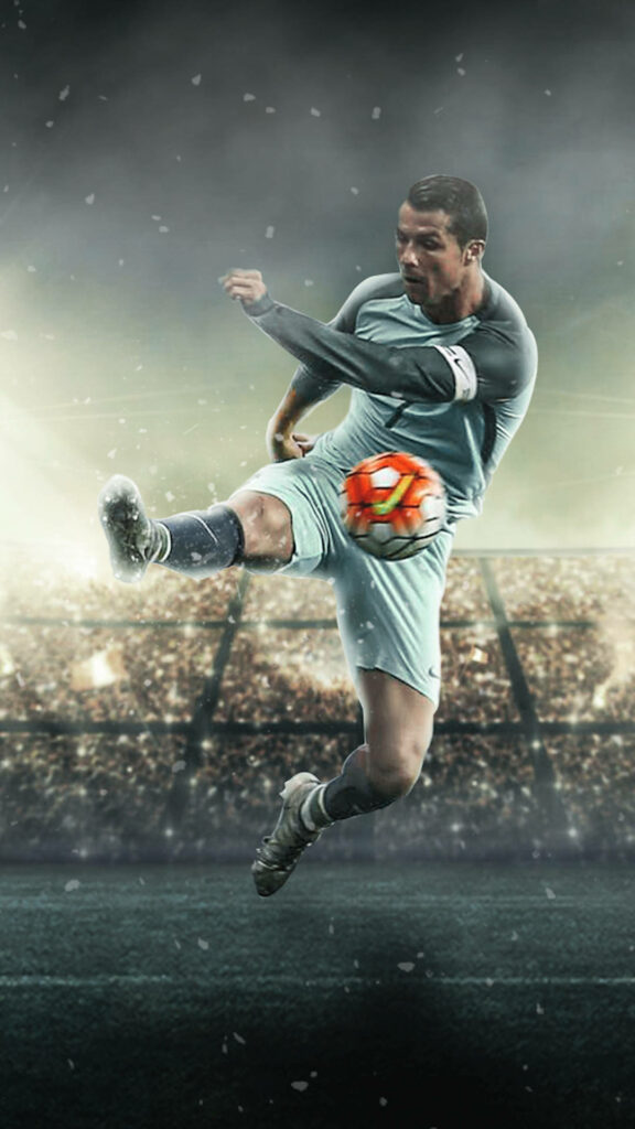 Dynamic CR7 iPhone Wallpaper: Ronaldo in Action with Stadium Glow