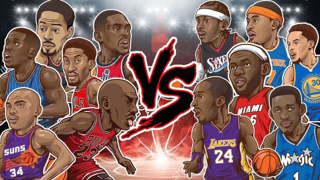 Dynamic NBA Legends Cartoon Wallpaper: Intense Face-Off Background