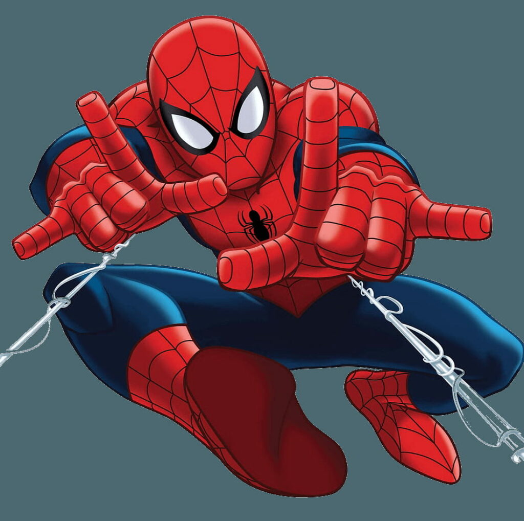 Cartoon Spiderman shooting webs in red and blue suit, vibrant comic-book style wallpaper.