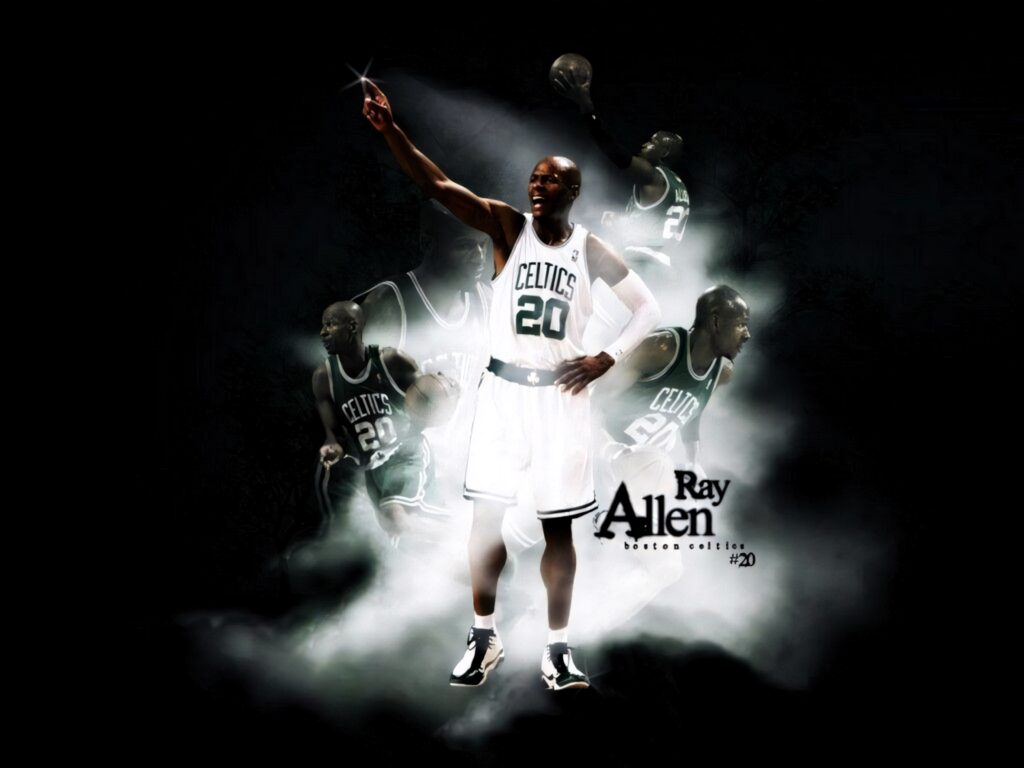 Ray Allen Celtics wallpaper dynamic green white uniform shooting pose waving hand background