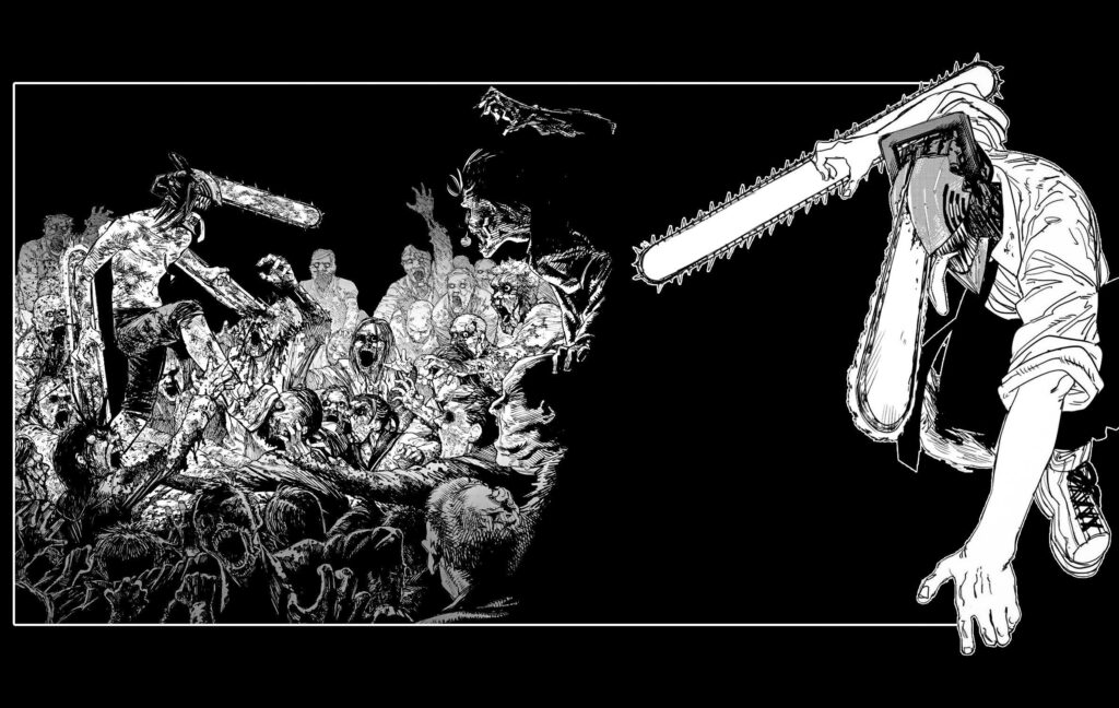 Intense Chainsaw Man Anime Art Wallpaper: Denji Battle Scene