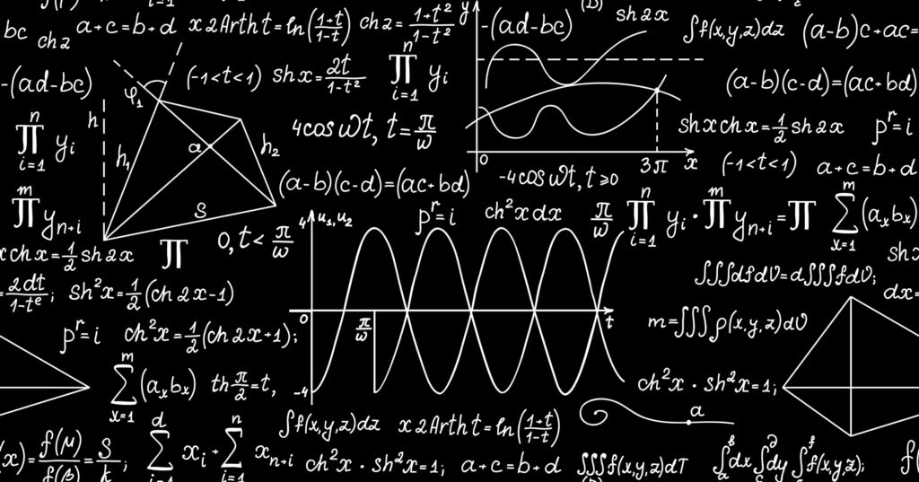 Chalkboard wallpaper with hand-drawn math formulas quantum physics graphs and geometric shapes