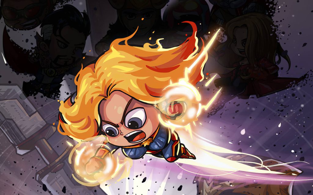 Chibi Captain Marvel with glowing fists and blonde hair in heroic pose on dark background wallpaper