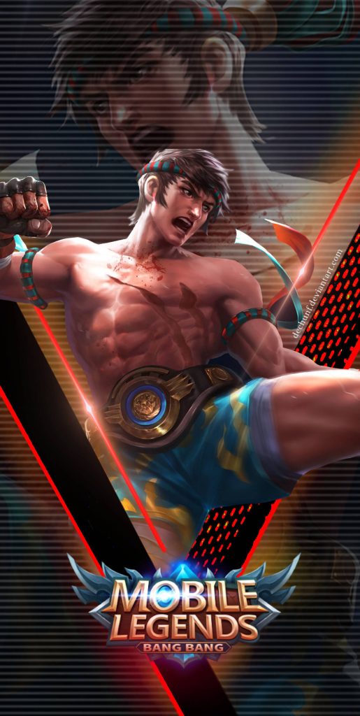 Chou Mobile Legends Muay Thai skin dynamic action pose with MLBB logo and red accents wallpaper