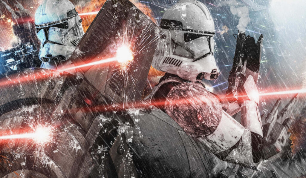 Dynamic Star Wars Clone Troopers Battle Wallpaper - Intense Action Scene