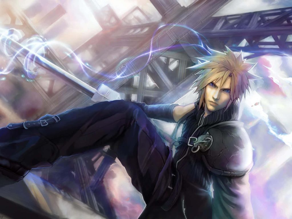 Cloud Strife Final Fantasy digital illustration with glowing blue energy and industrial backdrop wallpaper