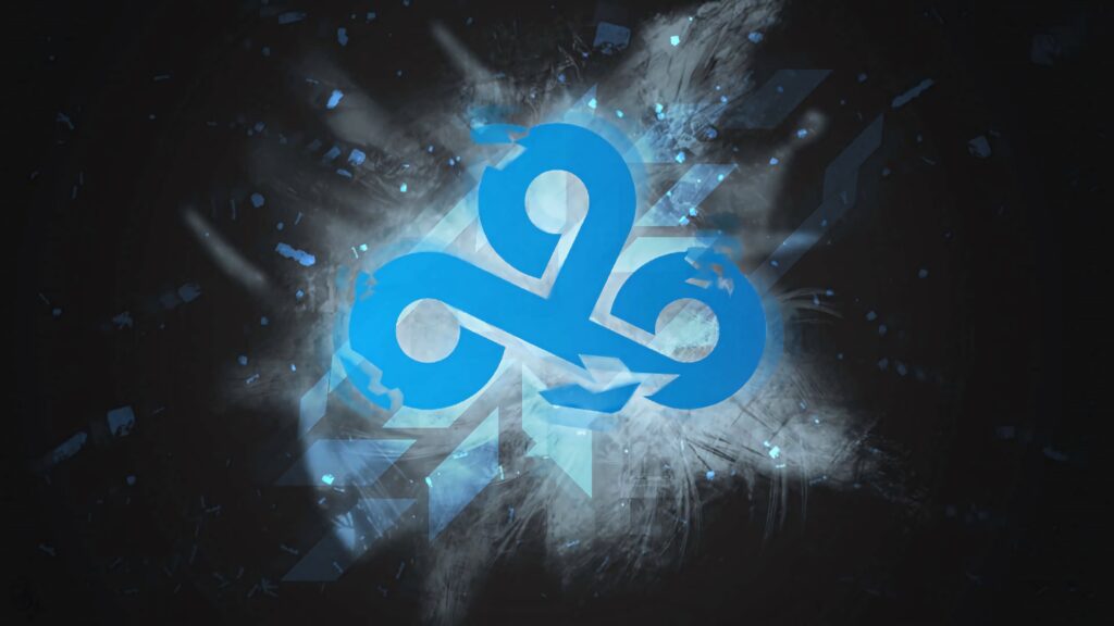 Cloud9 wallpaper with blue logo on dark abstract background featuring white and blue splashes
