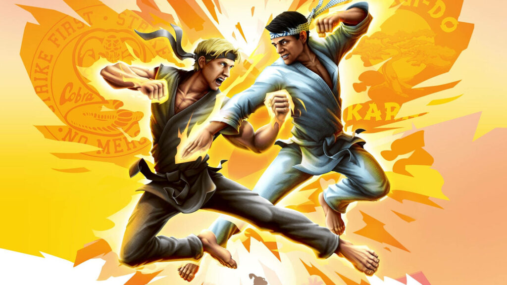 Dynamic Cobra Kai Wallpaper: Intense Karate Clash in Vibrant Background