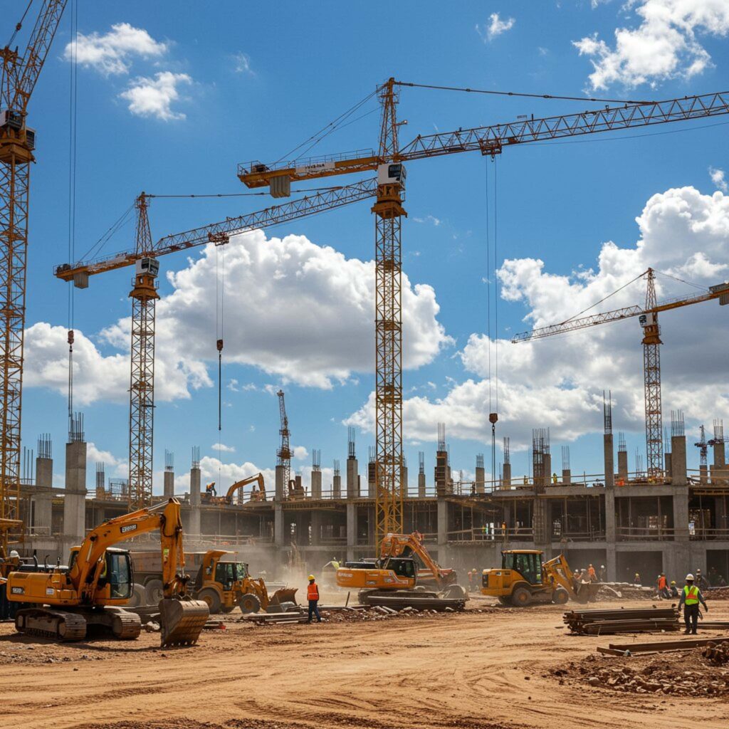 Building under construction with yellow cranes excavators workers and concrete framework under blue sky Wallpaper