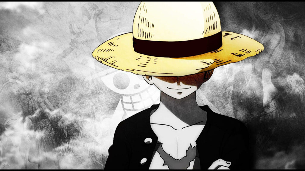 Captivating Contrast: Luffy's Smiling Face Shines Amidst a Monochrome Background, with Emphasis on His Iconic Straw Hat Wallpaper