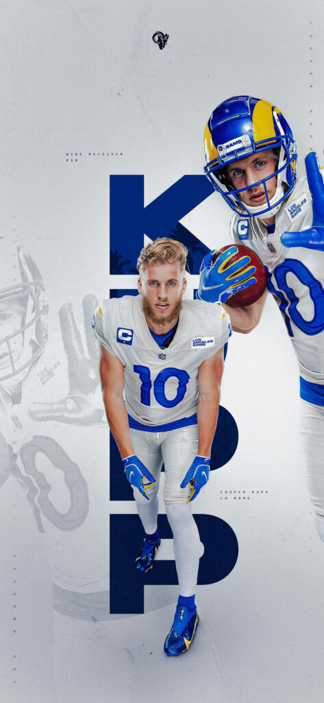 Cooper Kupp LA Rams dynamic action wallpaper showcasing athletic pose and team branding background