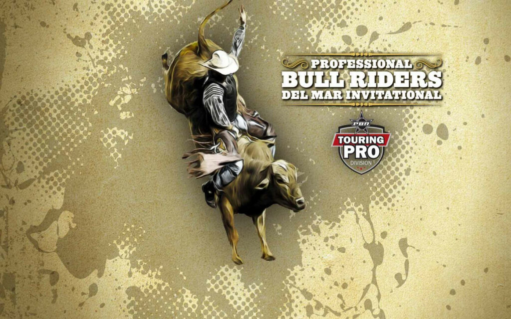 Cowboy riding bull mid-jump vintage western background Professional Bull Riders Del Mar logo Wallpaper