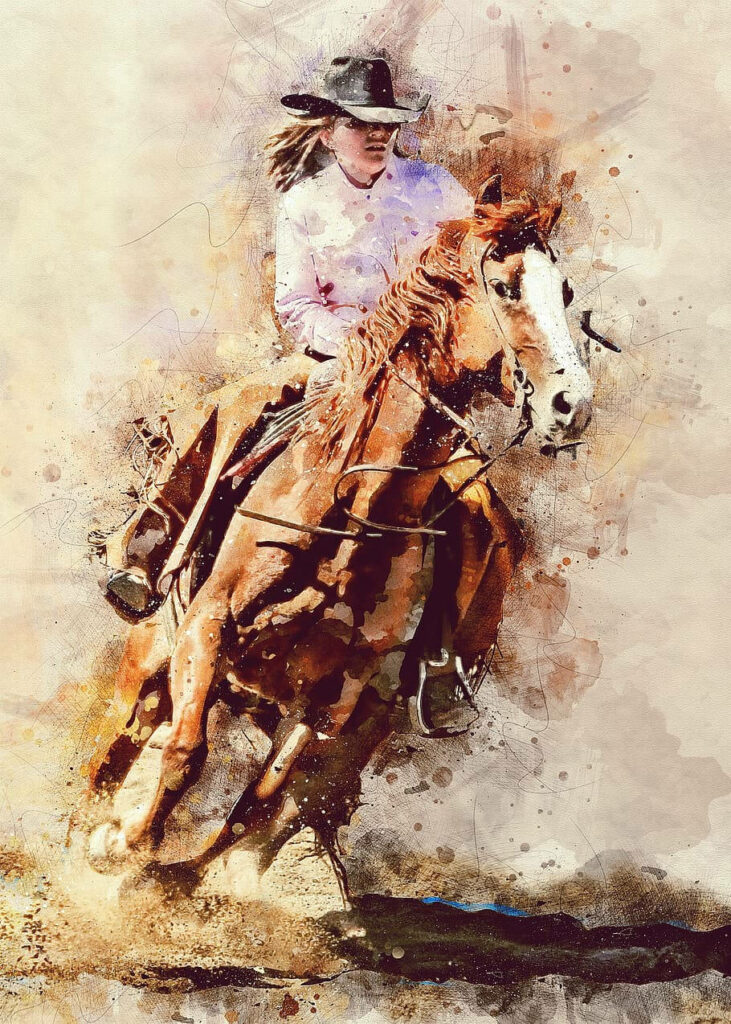 Cowgirl riding galloping horse watercolor wallpaper warm earthy tones western horseback art