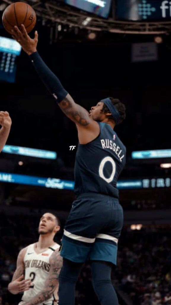 DAngelo Russell Minnesota Timberwolves number 0 mid-layup dynamic NBA All Star action wallpaper