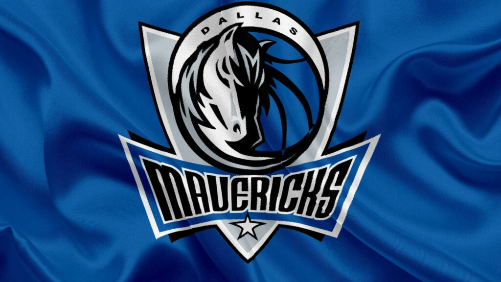 Dallas Mavericks wallpaper with bold horse logo on vibrant blue wavy fabric background