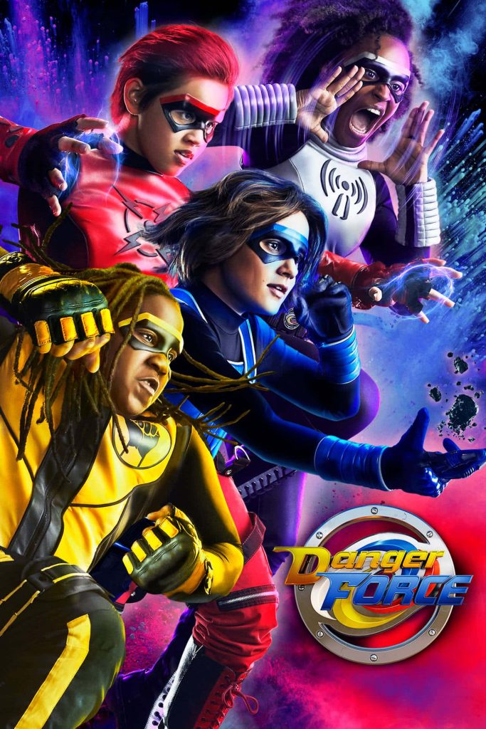 Danger Force heroes Volt AWOL ShoutOut Brainstorm in vibrant suits cosmic blue red background Wallpaper