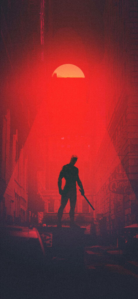 Bold Abstract Wallpaper: Daredevil in Dynamic Pose Against Red Rays