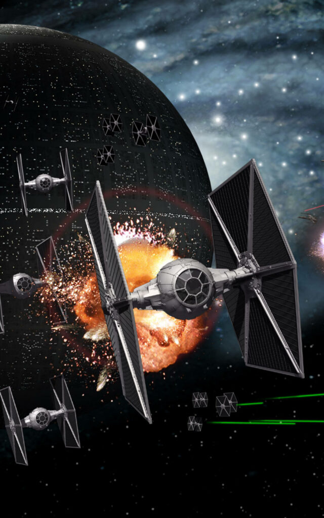 Epic Death Star Tablet Wallpaper with TIE Fighters & Cosmic Explosions