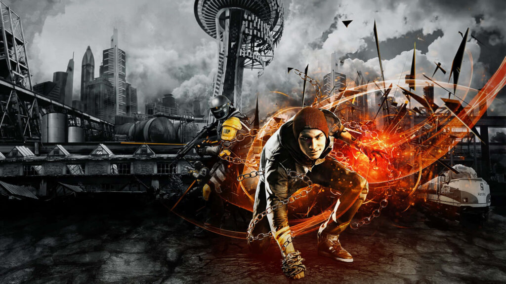 Delsin Rowe Wallpaper: Fiery Action in Dystopian Seattle