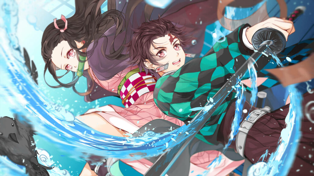 Dynamic Display: Nezuko Unleashes Powers as Tanjiro Masterfully Executes Breathing Techniques Wallpaper