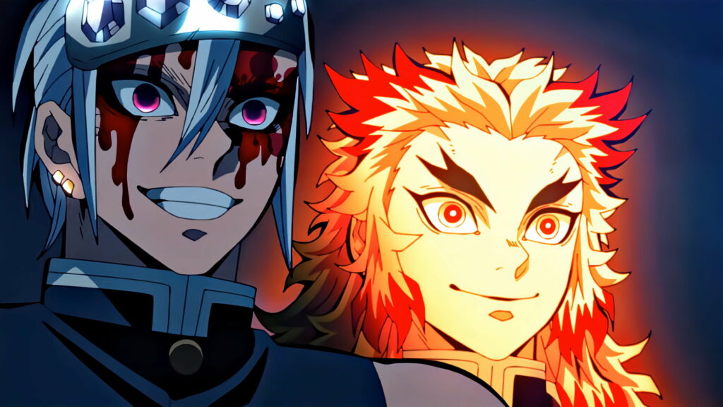 Fiercely Complementary: Meeting of the Demonic Flames and Blades - Tengen Uzui and Rengoku R Unite in this Vibrant HD Wallpaper Background Photo
