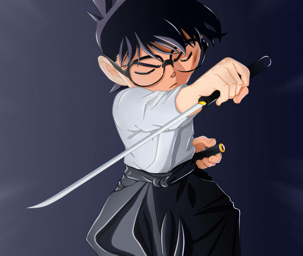 Dynamic Detective Conan Fanart Wallpaper with Katana – Minimalist Design