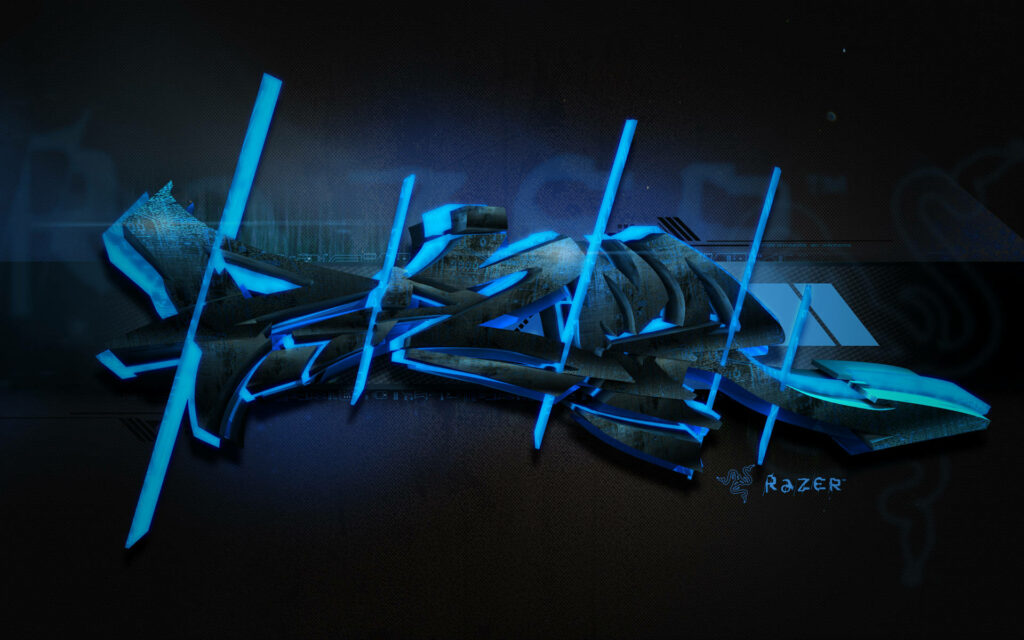 Vibrant Digital Street Art: 'Razer' Takes Center Stage in Striking Blue and Black PC Wallpaper