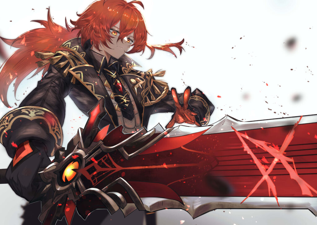 Dynamic Diluc Wallpaper: Fiery Hero in Dark Armor & Red Sword