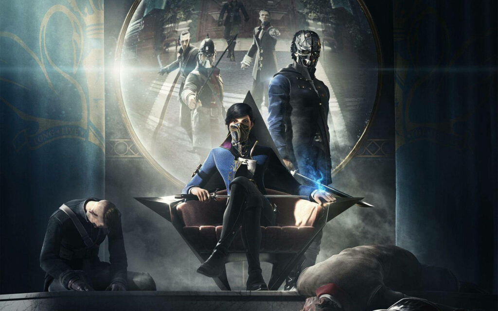 Dynamic Dishonored 2 Poster: Key Characters in Dark Steampunk Scene Wallpaper