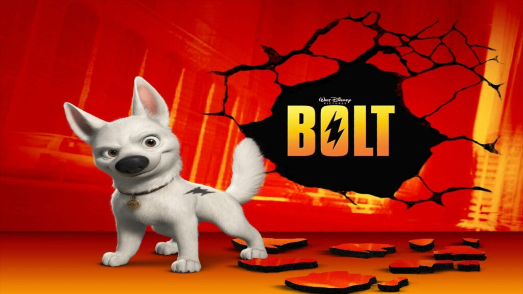 Disney Bolt wallpaper vibrant orange background energetic white shepherd dog with cracked effects