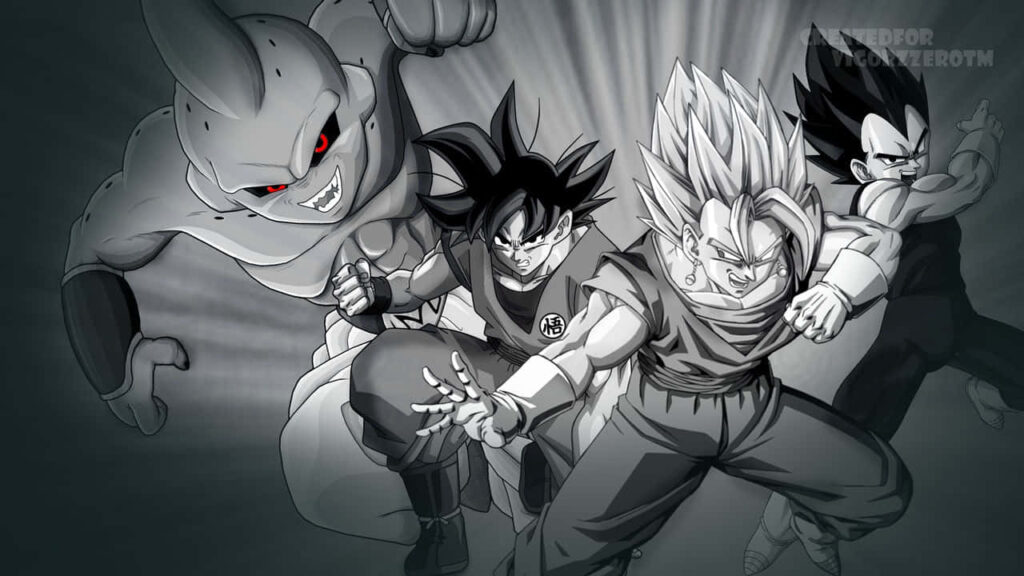 Dynamic Black and White Dragon Ball Wallpaper with Goku, Vegeta & More