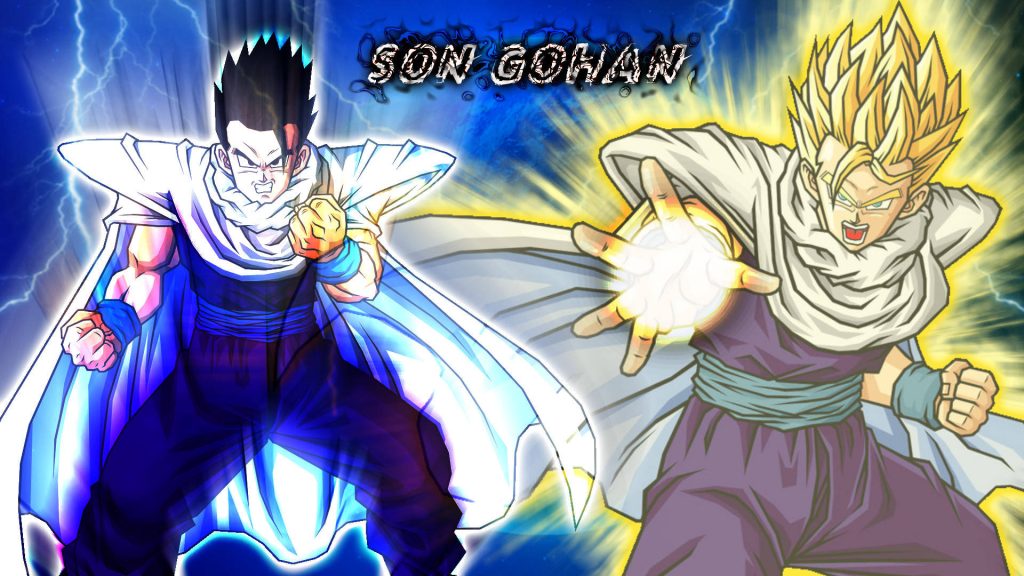 Son Gohan Dragon Ball Z wallpaper showing base form and Super Saiyan with electric blue energy background