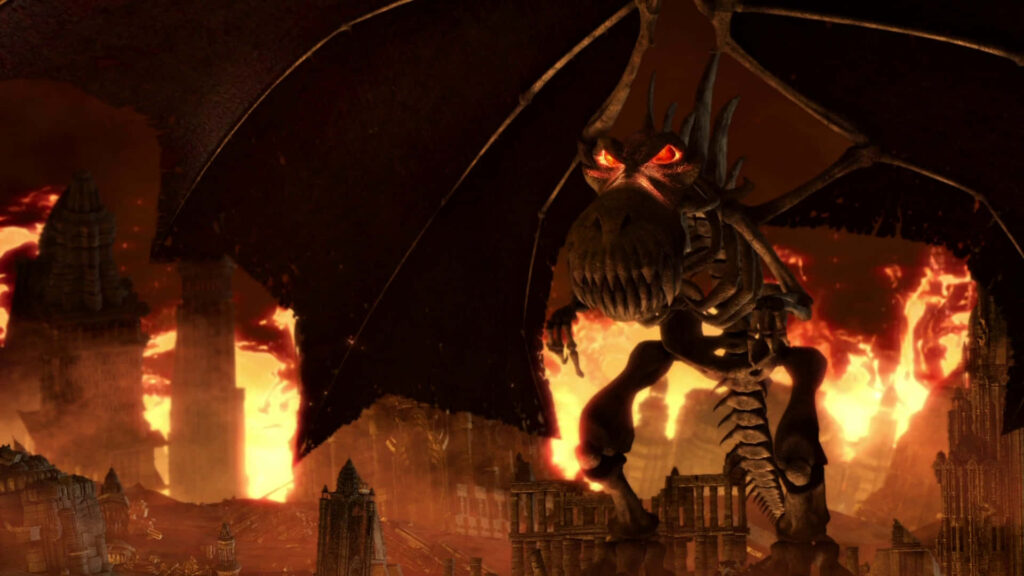 Epic Dragon Wallpaper: Fiery Cityscape with Glowing Red Eyes