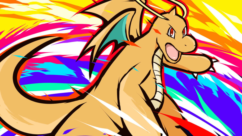 Dragonite wallpaper with vibrant red yellow blue streaks and dynamic abstract background art