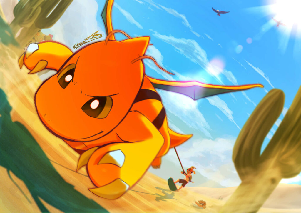 Dragonite charging through sunlit desert dunes with Braviary soaring under bright blue sky wallpaper