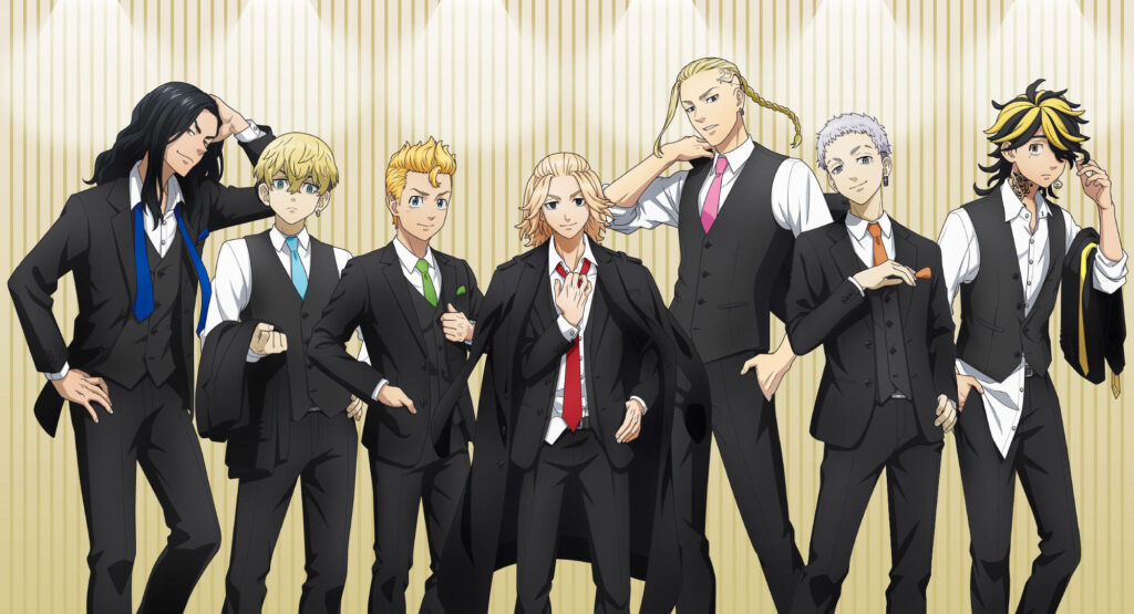 Powerful Unity: Draken and Tokyo Revengers Cast Unite Against a Vibrant Yellow Backdrop Wallpaper