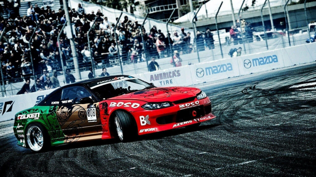Dynamic Drift Scene Wallpaper: Red & Green Modified Car Action