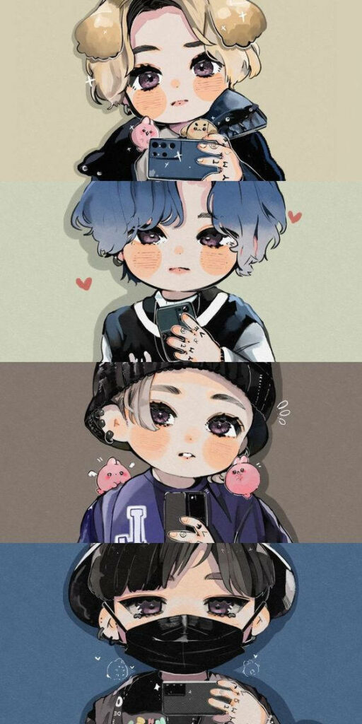 Anime Jungkook Takes Center Stage in a Vibrant Collage with Suga: A BTS-inspired Artwork Montage Wallpaper