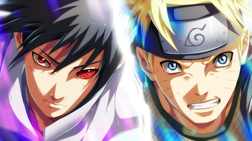 Bonded Rivals: Bruised Sasuke Uchiha and Naruto Uzumaki Unite on Full-HD Poster with Naruto Uzumaki Background Wallpaper