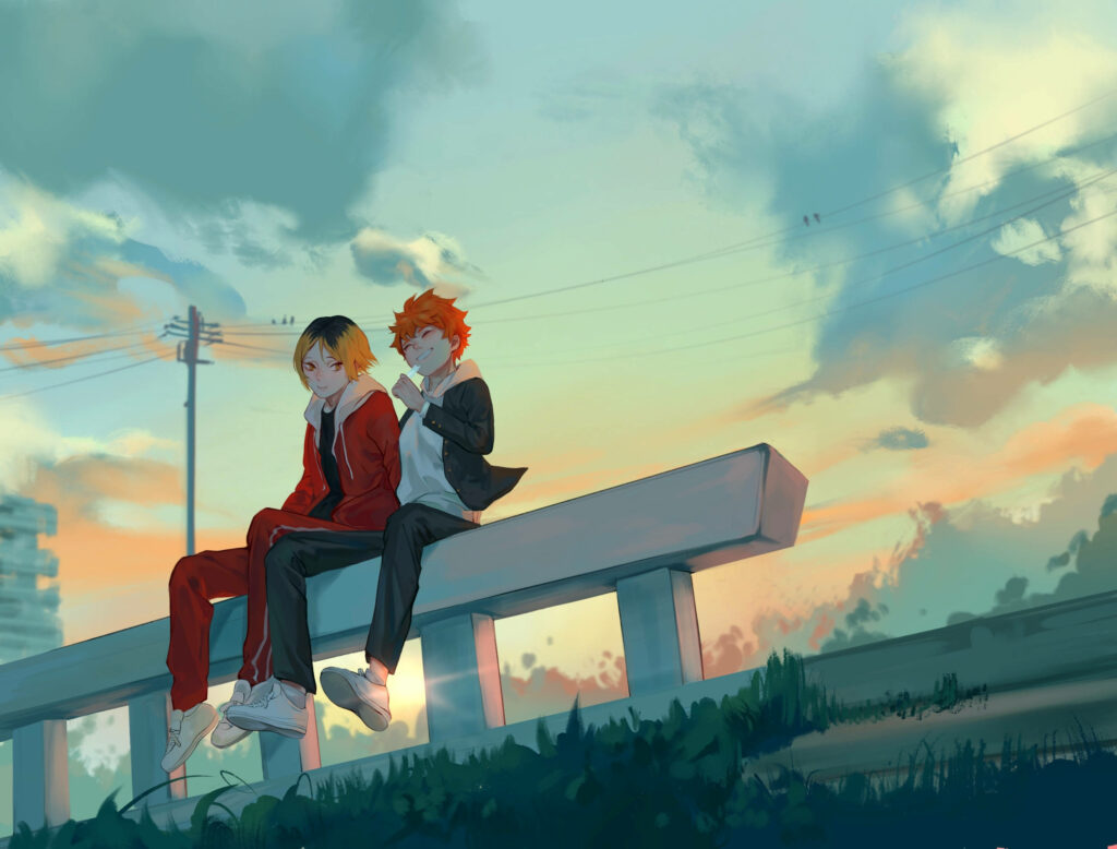 Sundown Serenity: Kenma and Hinata Cherishing Friendship on the White Railing Wallpaper