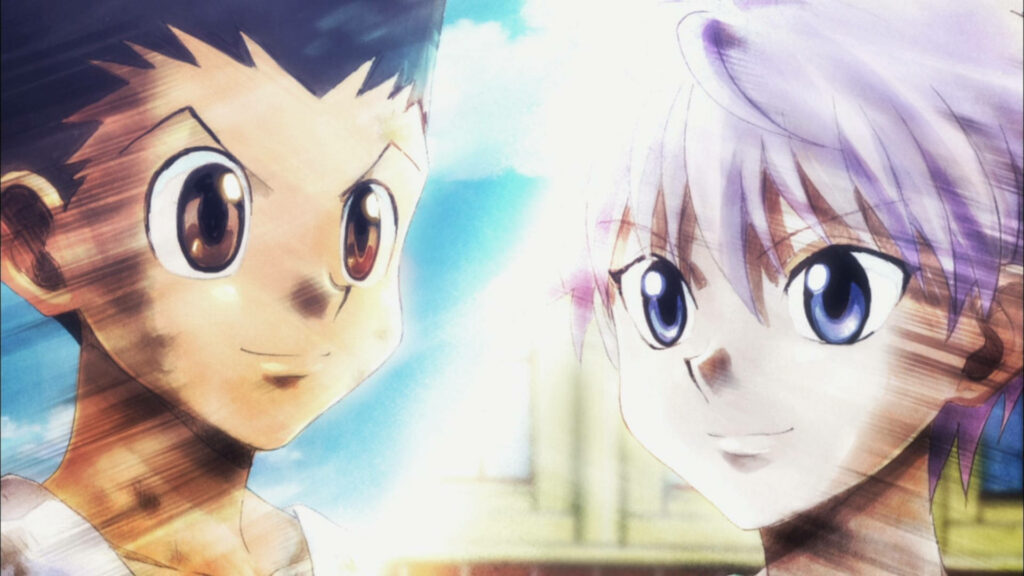 Dynamic Duo: Gon and Killua Unite in Side-by-Side Portrait Wallpaper