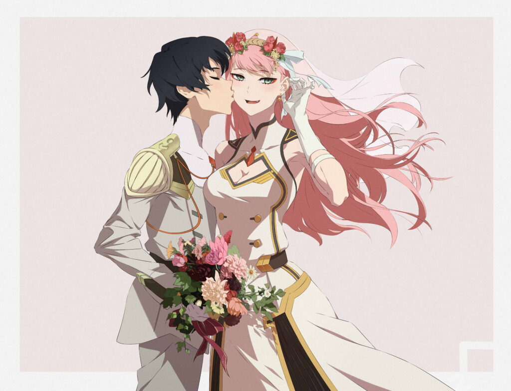 Soulmates Embracing Destiny: Hiro and Zero Two in Mesmerizing Anime Splendor (Darling in the FranXX) Wallpaper
